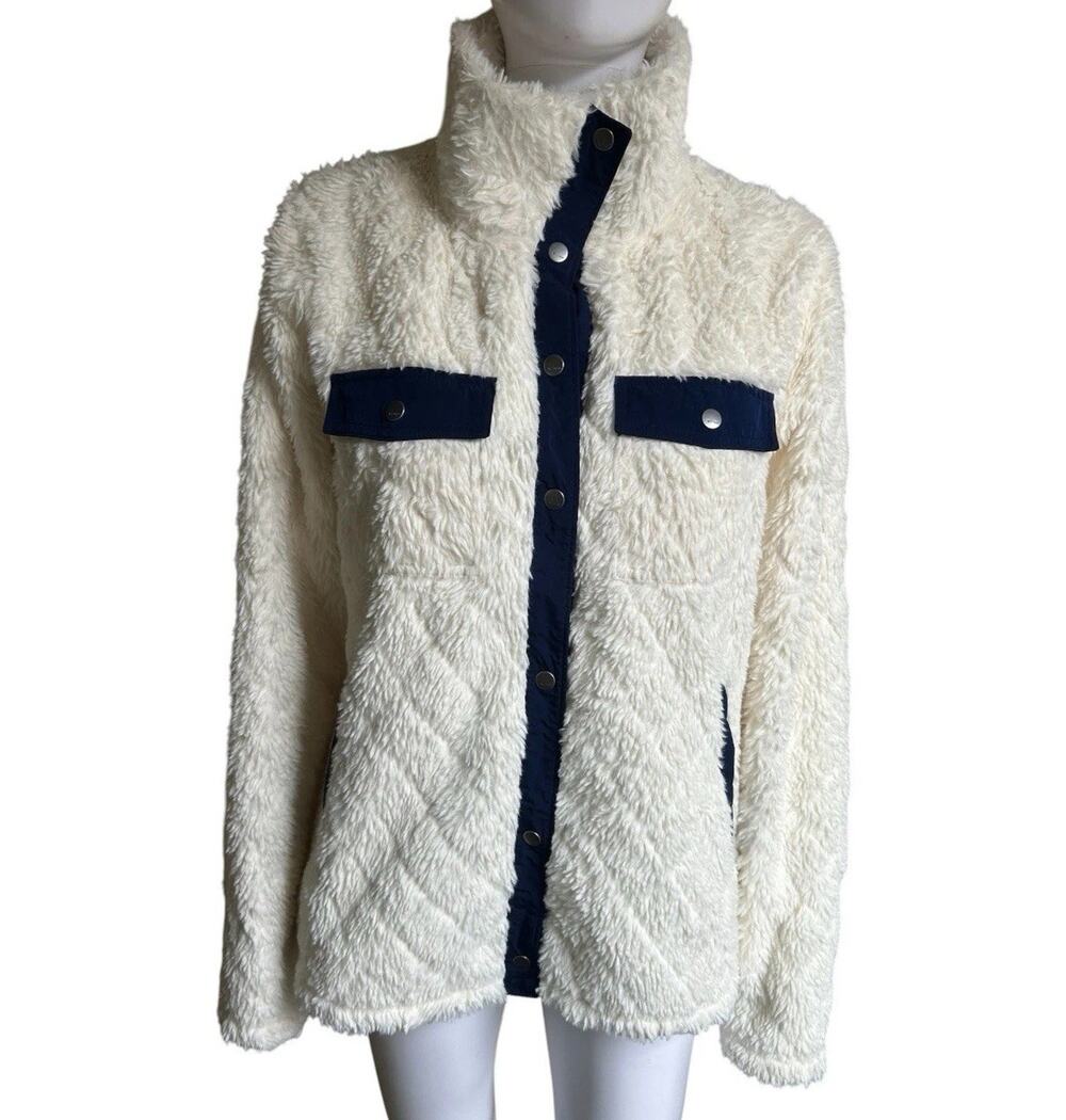 Marmot Jacket Womens Large Ivory Sherpa High Pile Fleece Snap Front Navy